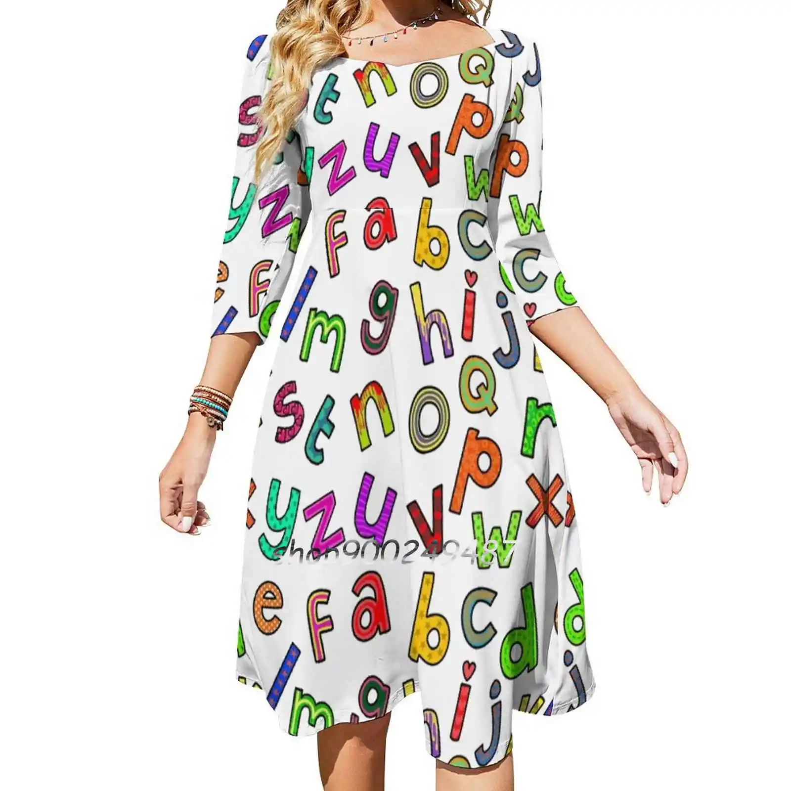 Alphabet Lettering Doodle Font Square Neck Dress Cute Loose Print Dresses Elegant Beach Party Dress Alphabet Letters Lettering