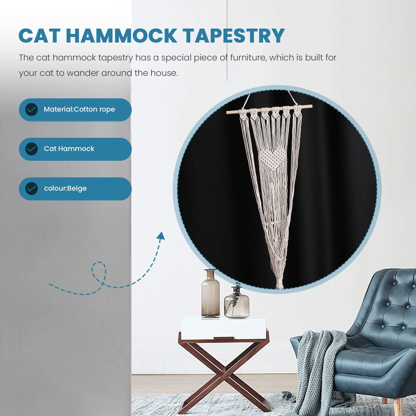 고양이 해먹 태피스트리 스윙 침대 Macrame 코튼 로프 고양이 해먹 벽걸이 수면 창 (매트 제외)-BAAQ