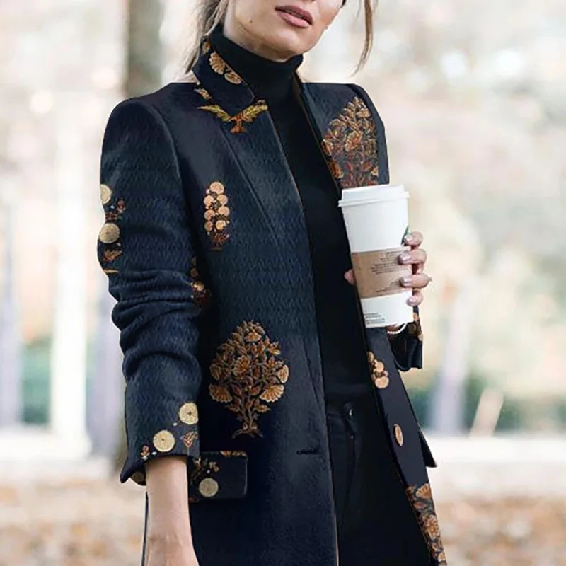 Vintage Floral Printed Oversized Blazer Women Lapel Long Sleeve Jacket Fashion Spring Autumn Office Lady Suit Coat Indie Jacket