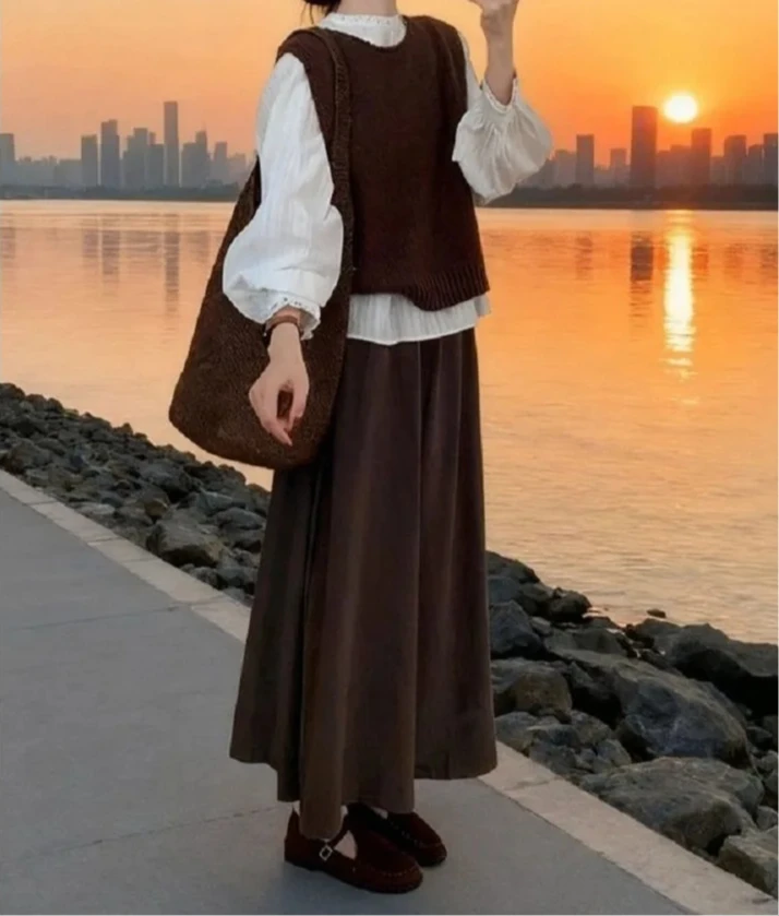 

Осенне-зимний вязаный комплект: жилет, рубашка и юбка. Модный многослойный образ в стиле «богатой девушки». Повседневный наряд средней длины, придающий неподвластную времени элегантность.