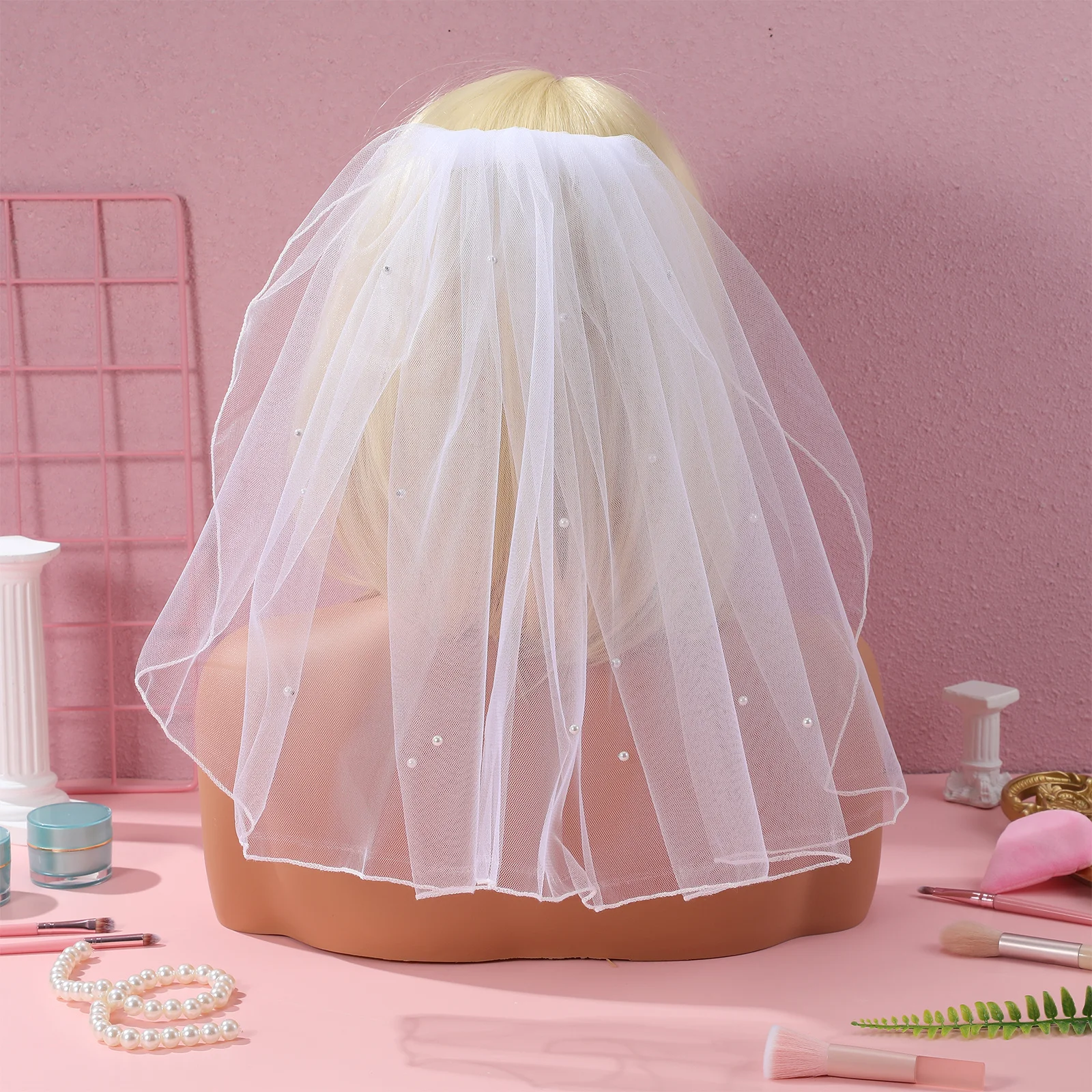 Fermagli per capelli da sposa bianchi Copricapo con bordo di perle Abito da ragazza corto Velo da sposa corto Accessori da sposa Velo per la sposa