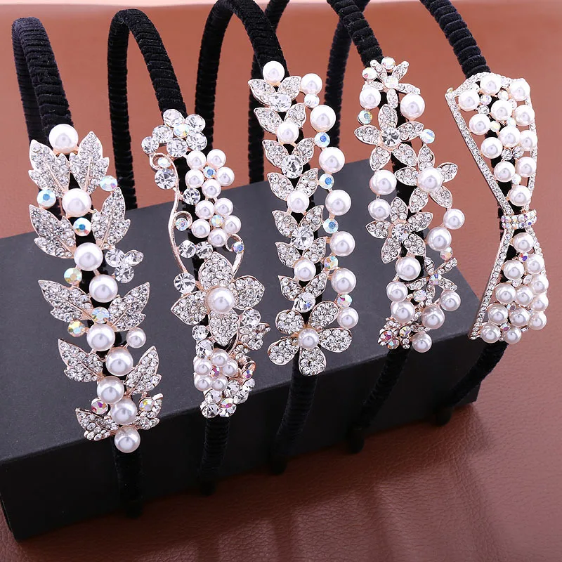 Ins FYP Non-slip Pearl Gem Baroque Headbands For Women Girl Diamond Rhinestone Woman Accessori Geometric Thin Hairbands