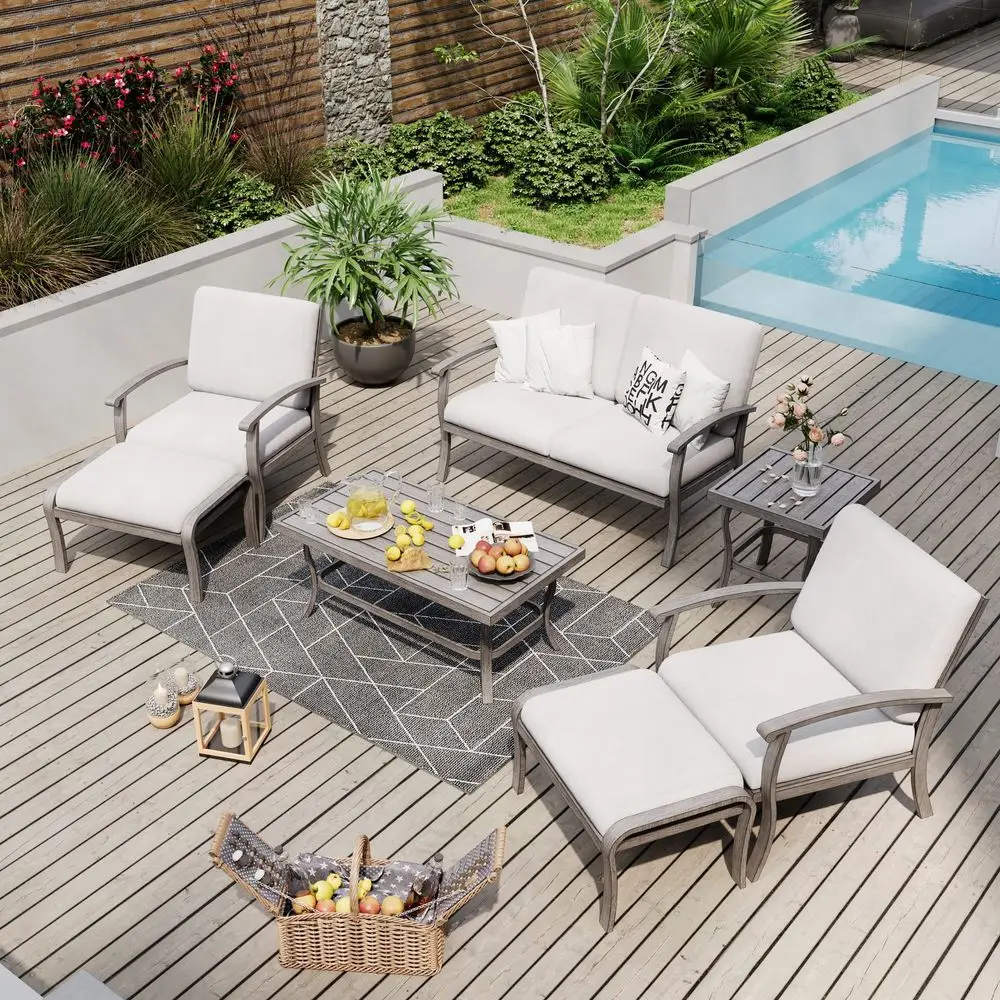 

7 Piece Aluminum Patio Furniture Set, Outdoor Armchairs with Ottomans and Loveseat, Outdoor Sectional Sofa with Side Table and