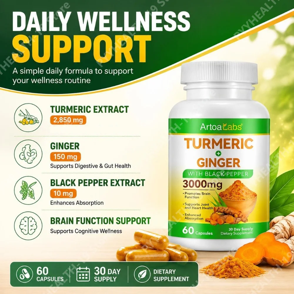 ArtoaLabs Turmeric Ginger Black Pepper Capsules 3000mg Curcuminoids For Joint Heart Brain Digestive Support, Adult, 60 Count