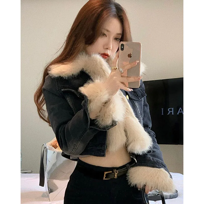 GIDYQ Patchwork Fur Collar Denim Jacket Women Y2k Streetwear Motorcycle Short Coat Vintage Long Sleeve Casual Outerwear New