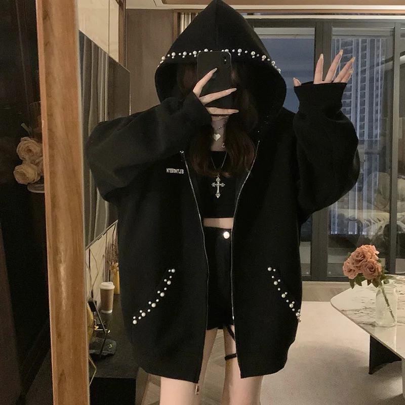 

Women's Black Zipper Design Casual Jacket Spring Autumn Female Long Sleeved Hooded Thin Coat Solid Color Vintage Sweatshirt