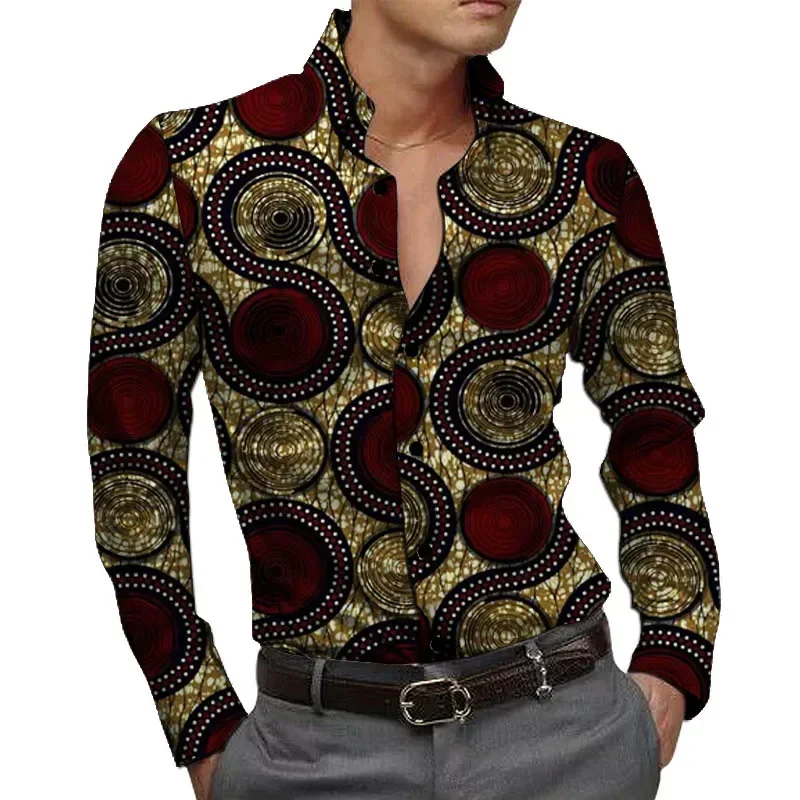 Fashion Print Full Sleeves Men's Shirts Tailor Design Turn Down Collar Tops Customized African Festival Party Wear