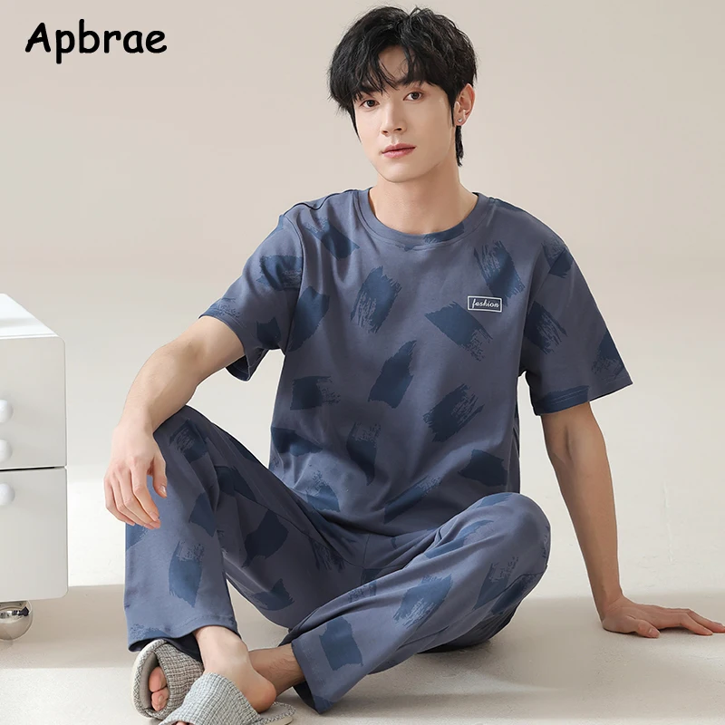 

100% Pure Cotton Pajamas for Men Spring Summer Pullover Sleepwear Plus Size L-3XL Pijamas Short Sleeve Long Pants Homewear