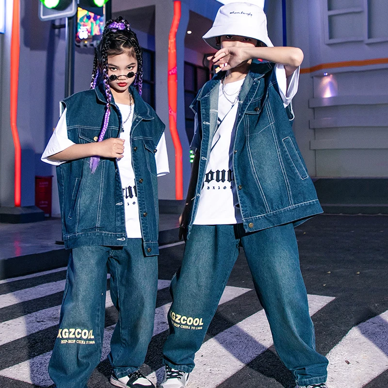 Summer Kids Hip Hop Clothing For Girls Jazz Dance Costumes Boys Stage Kpop Outfit Denim Vest Pants Street Dancewear SL8069