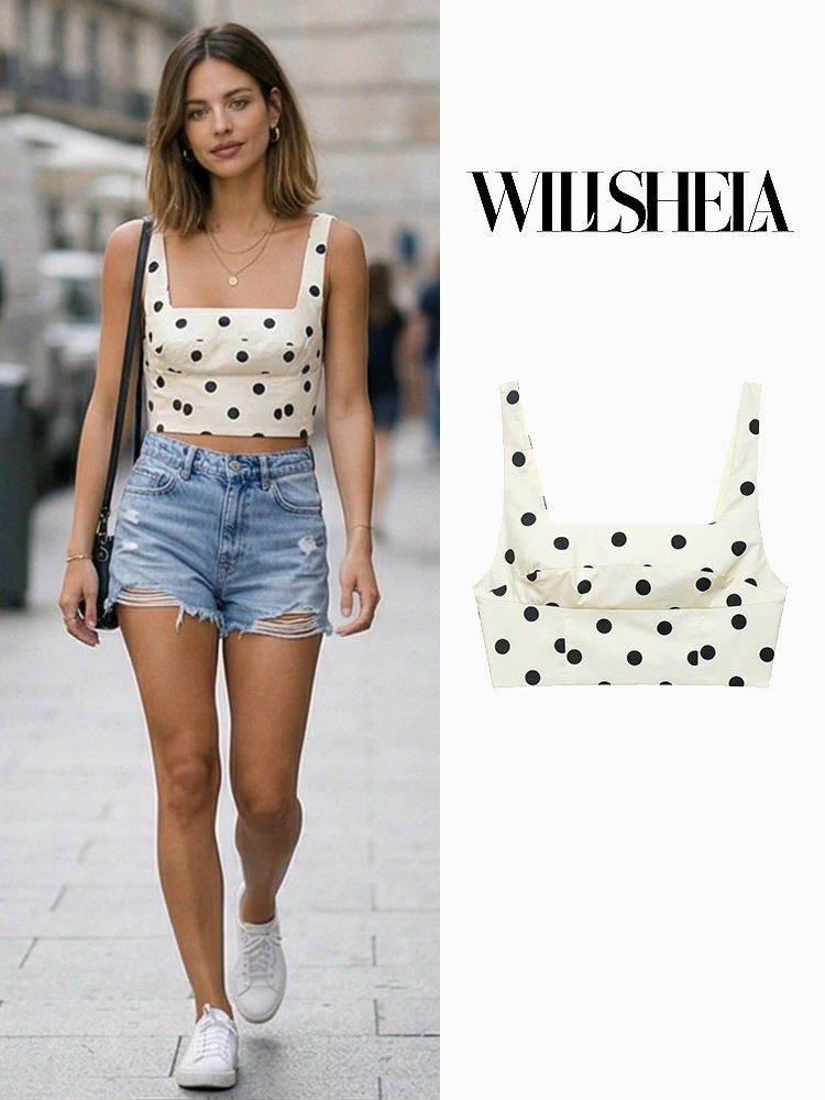 Willshela Women Fashion Dot Backless Zipper Cropped Vest Vintage Straps Square Collar Female Chic Lady Tank Tops