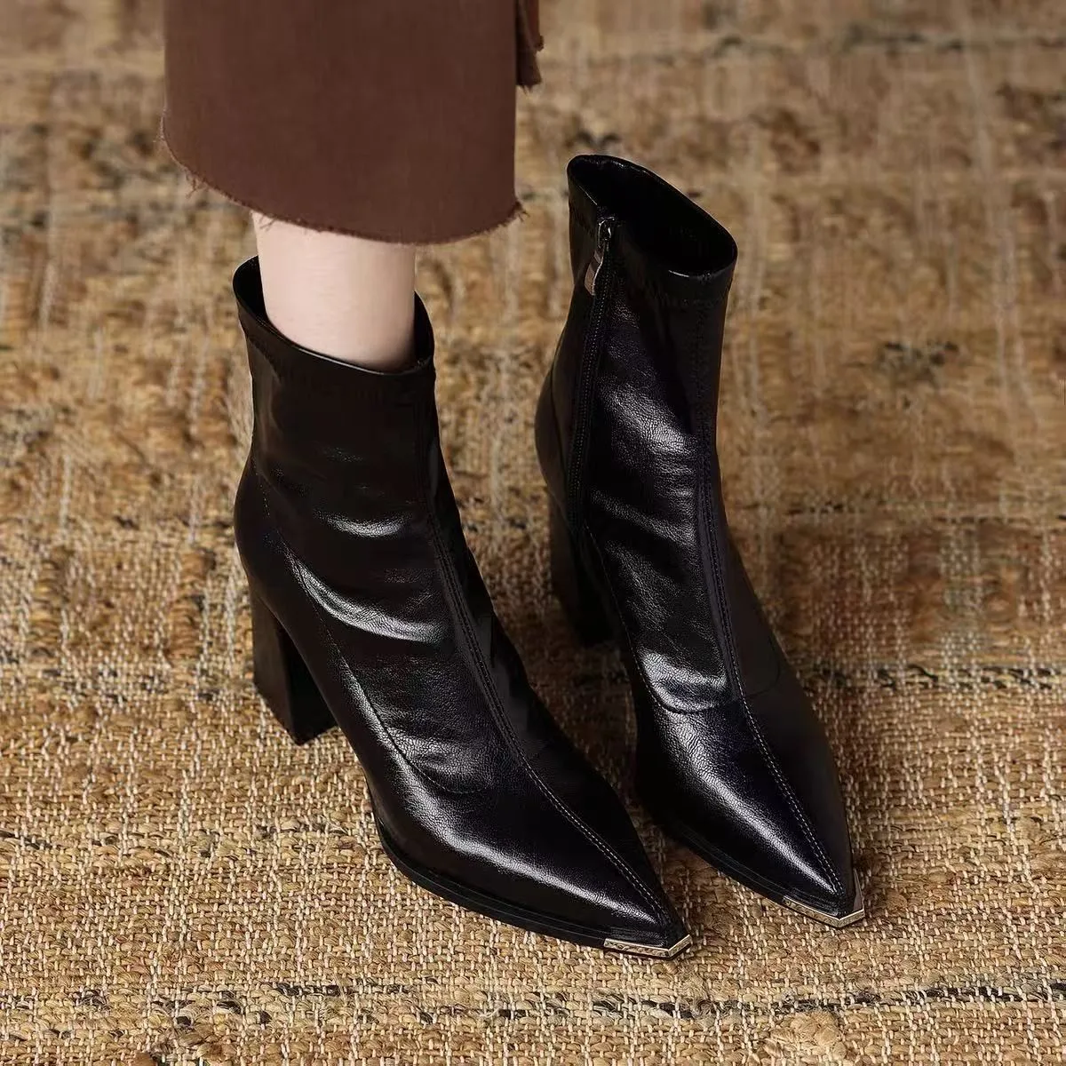Autumn Winter Vintage Thick Heel Slim Ankle Boot Women Fashion Pointed Toe Stripper Party Modern Short Botas Para Mujer