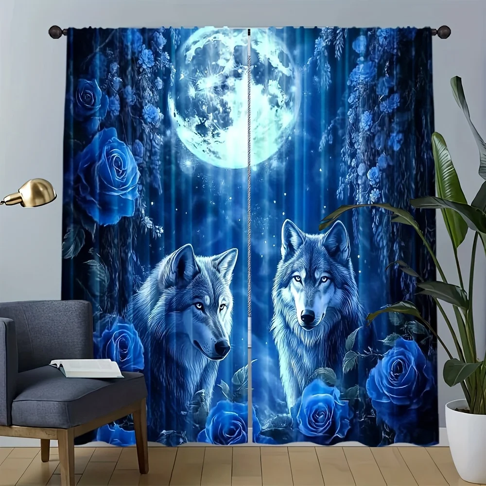2pcs Blue Wolf Moon Rose Curtains Peach Skin Polyester Fantasy Living Room Bedroom Home Decor