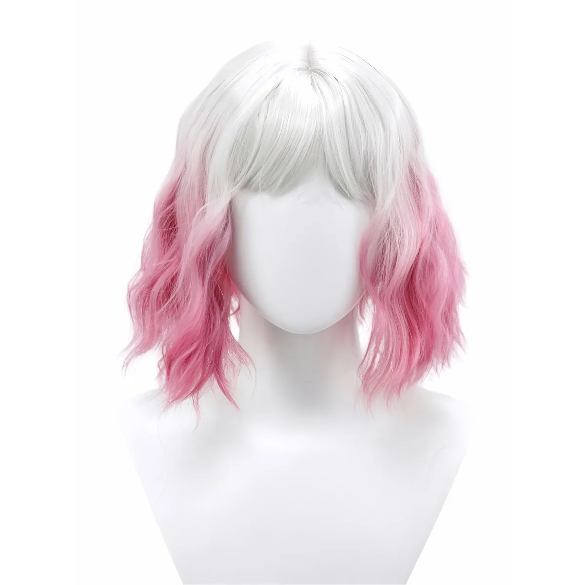 White to Pink Ombre Short Wavy Synthetic Wig with Bangs, Natural Scalp for Cosplay, Daily Fashion and Party Looks