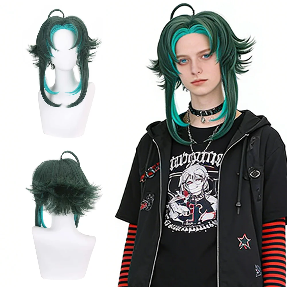 

Dark Green with Teal Highlights Spiky Cosplay Wig Xiao Same Style Full Head Wig For Halloween Comic Con Role Play Anime Party