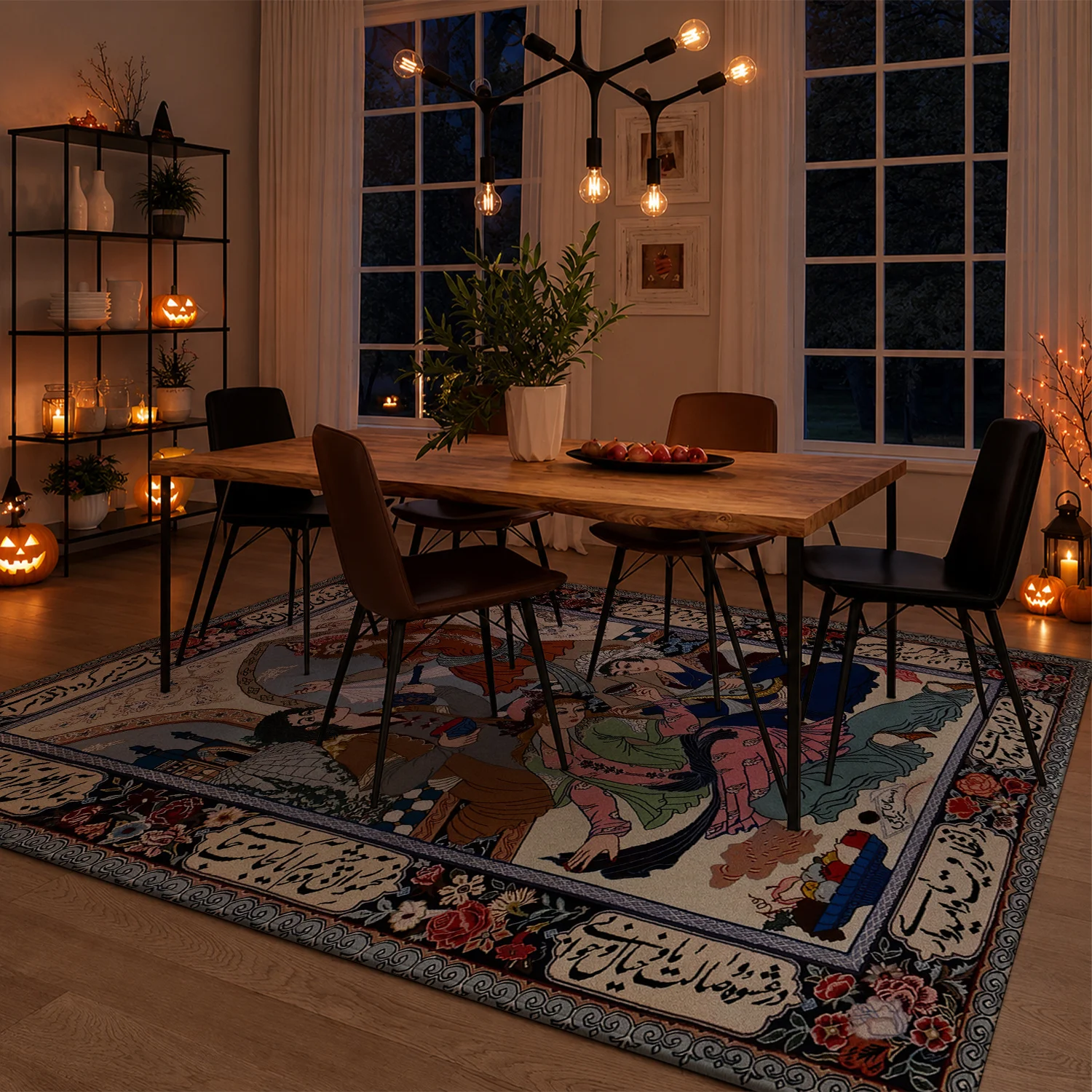Large Indoor Area Rug, Soft Velvet Low Pile with Non-slip Dotted Backing, Machine Washable Traditional Persian Oriental Rug Featuring Vivid Floral & Figurative Motifs, Great for Living Room, Bedroom Home Decor