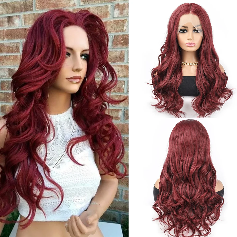 

13×4 Transparent Front Lace Wig Natural Wave Wine Red Synthetic Wig for Women Natural Hairline Heat Resistant wigs