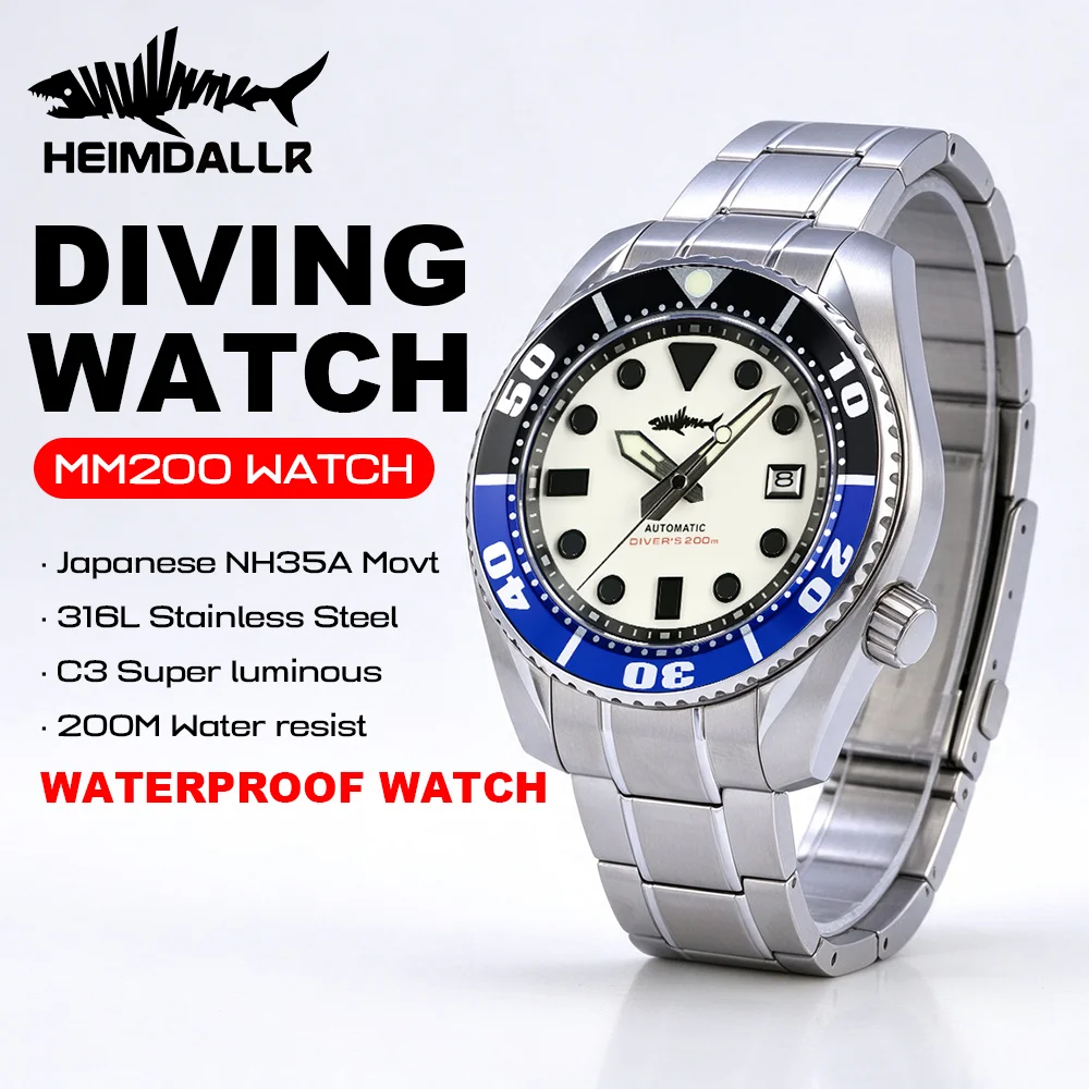 HEIMDALLR MM200 Watch NH35A Automatic Movement Waterproof watch Steel Diving Watch C3 Super Luminous Sapphire Men's Watch