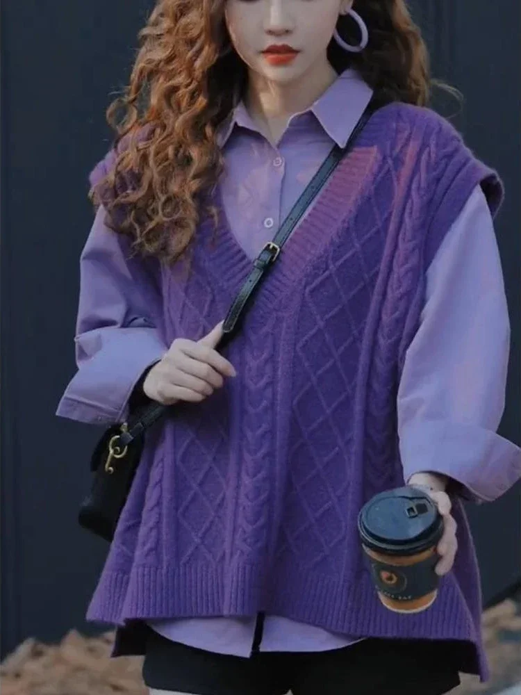 Waistcoat Purple V-Neck Lady Sweaters Loose Pullover Knit Vests for Women Sleeveless Korean Style Clothing Elegant Trend 2024