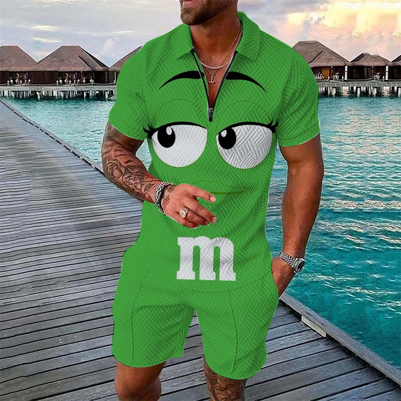 Conjunto divertido con estampado de M&M para hombre, conjunto de moda con camiseta polo de manga corta con cremallera + pantalones cortos, conjunto de 2 piezas, traje de verano estilo hip hop urbano.