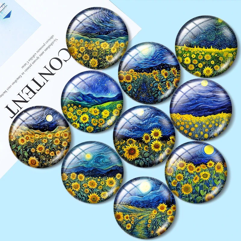 

Night Sunflower Field Van Gogh Inspired 10pcs 12mm/18mm/25mm Round Photo Glass Cabochon Demo Flat Back Making findings