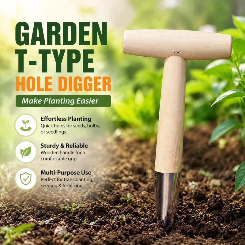 T Shape Wooden Handle Garden Dibbler Punch Seeding Tool Manual Fertilizing Digger for Vegetable Sowing Seedling Transplanting