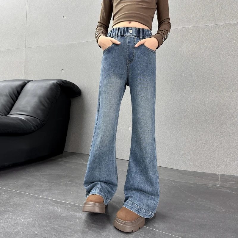 

Girls Retro Flared Jeans, Fitted Denim Long Pants for Girls, Washed Bell Bottoms, Big Girls Pants, Suitable for Casual Wear