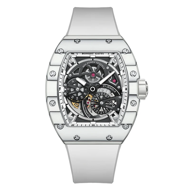 

BONEST GATTI Мужские автоматические часы 46*52 мм из углеродного волокна Lume Bezel Tonneau Механические наручные часы Водонепроницаемые сапфировый циферблат со скелетонизированным циферблатом