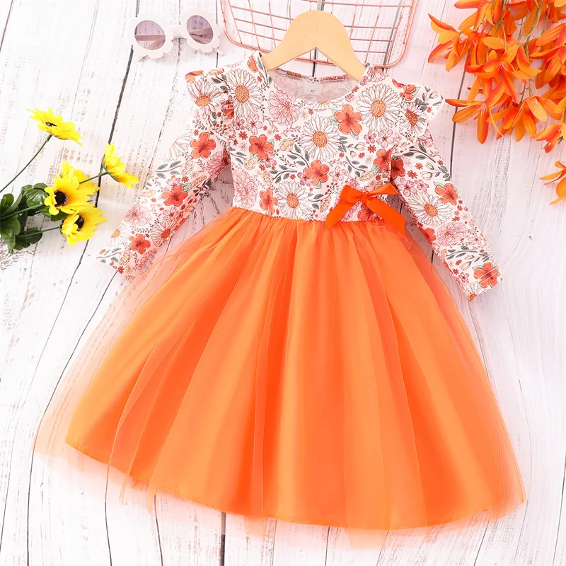 Girls Prints Dresses Kids Floral Long-sleeved Tulle Vestidos New Spring Fashion Clothing Children Autumn Princess Bow Gown