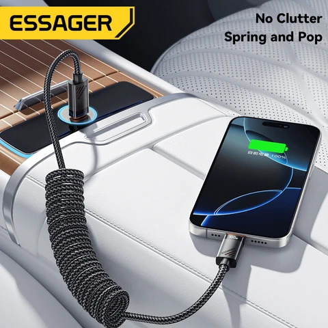 Essager Пружинный кабель Type-C 100 Вт для быстрой зарядки iPhone, Macbook, iPad, Xiaomi, Samsung — детальный вид товара
