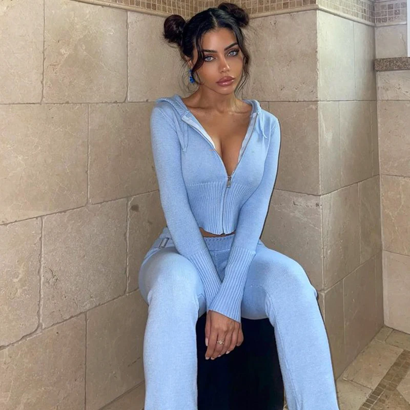 

Вязаный кардиган на молнии с капюшоном и длинные брюки: комплект из двух предметов, облегающий крой, модная повседневная спортивная одежда для женщин из Китая