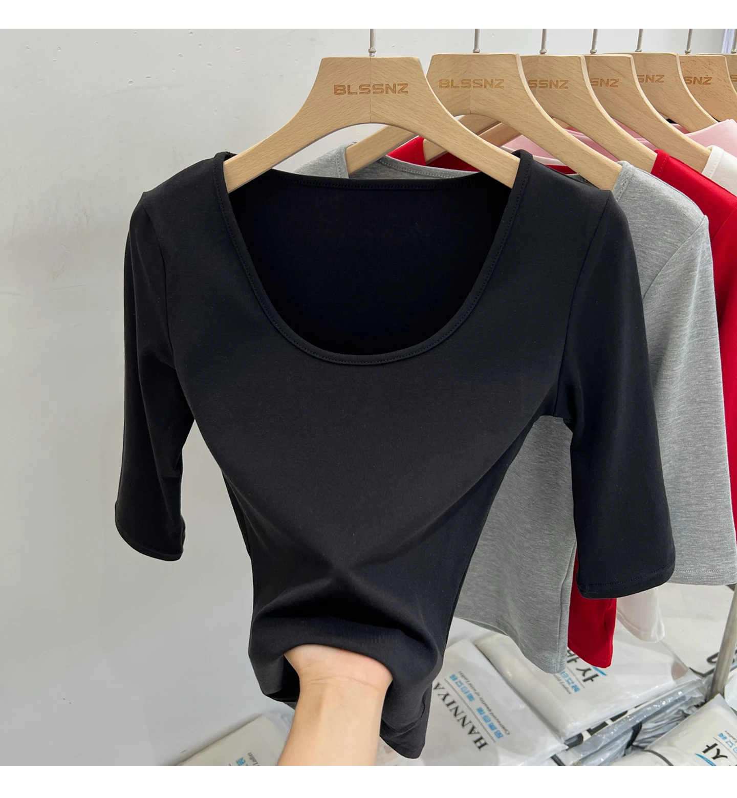 Zjaiss Women's White Base Top 2026 New U-Neck Three-Quarter Sleeve Tee for Spring & Summer Solid Versatile Casual Simple T-Shirt