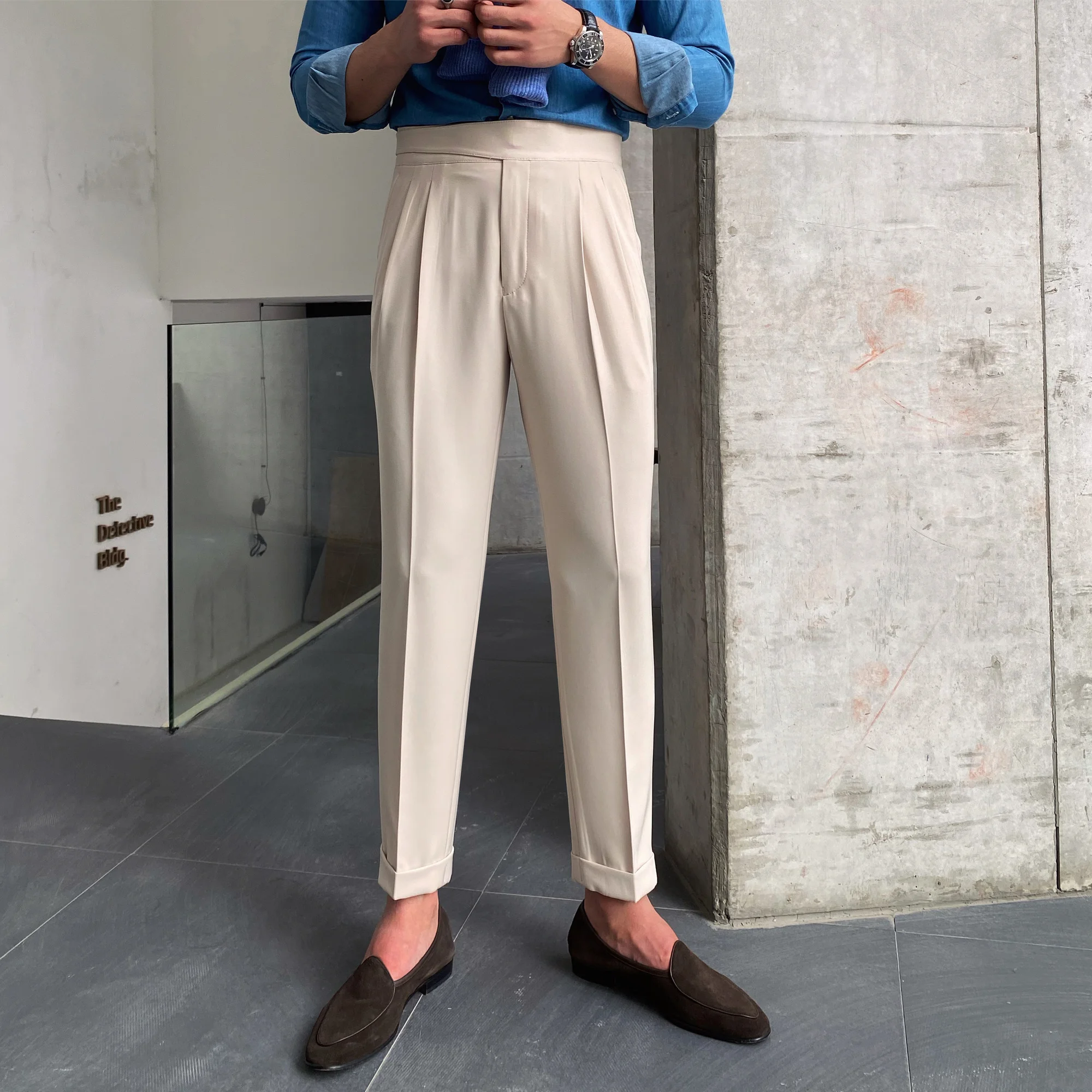 British Men High Waist Straight Pants Men Social Trousers Pant Italian Mens Formal Pant Pantalones Hombre 2022 Dress Ankle Pants