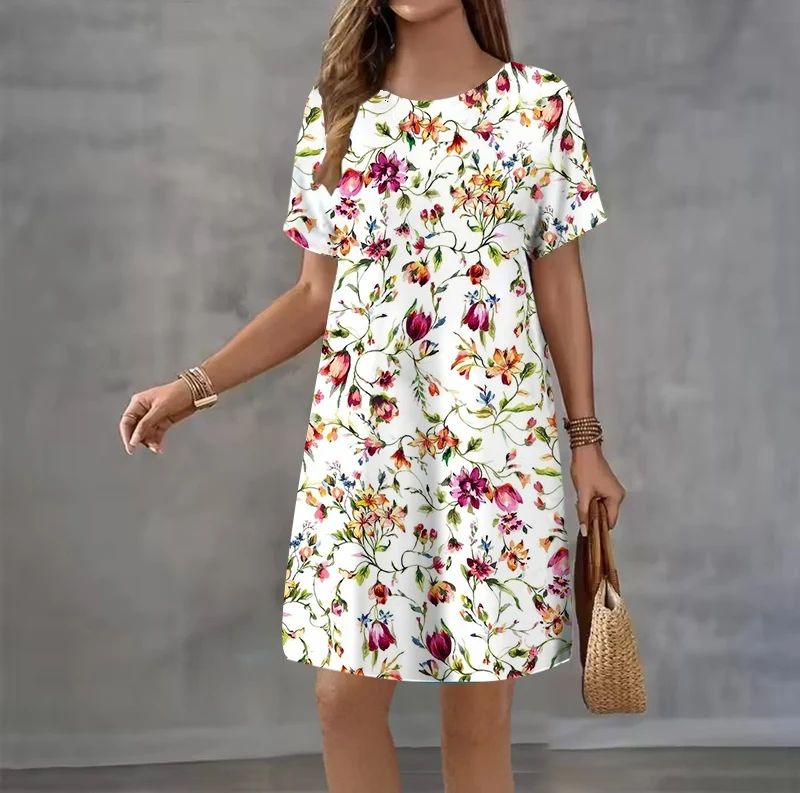Sommerkleid für Damen mit Kurzen Ärmeln im Boho-Stil, Strandparty-Blumenmuster, Locker Geschnittenes Lässiges Damenkleid