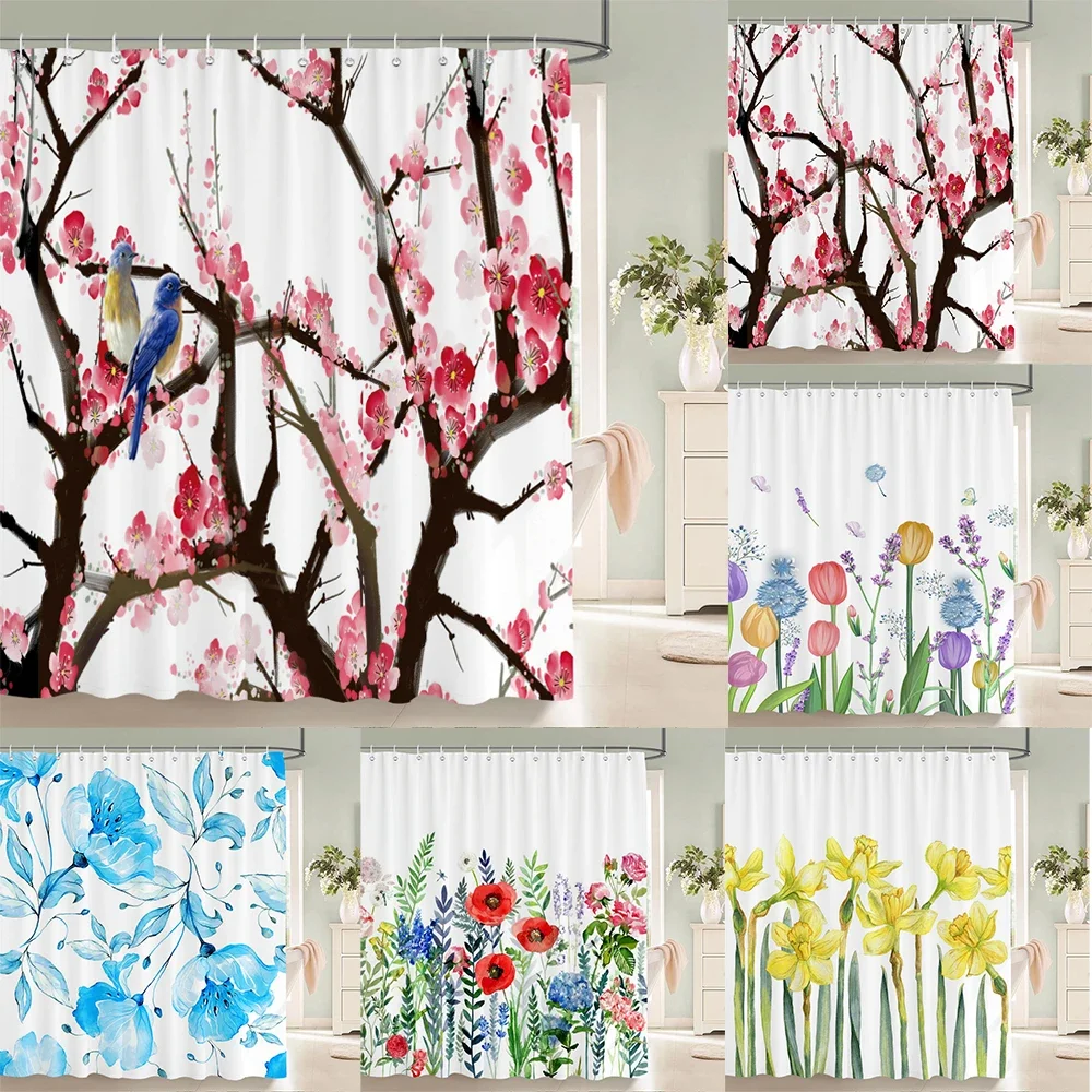Plum Blossom Flower Leaves Shower Curtain Watercolor Plant Floral Pattern Waterproof Polyester Bathroom Curtain Decor With Hooks