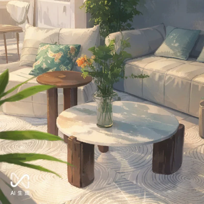 Solid wood natural travertine coffee table marble homestay low table Nordic style ins style round coffee table