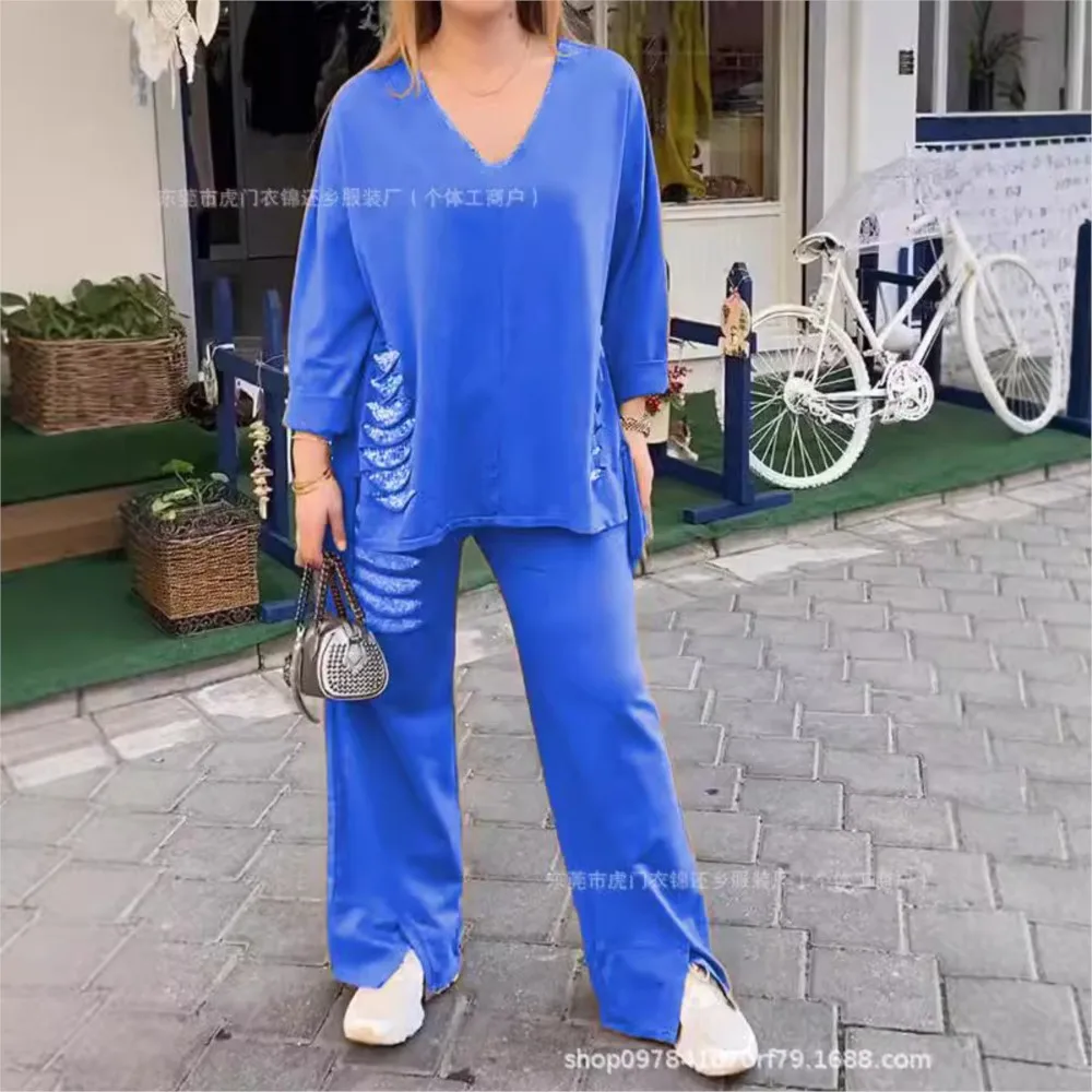 

Fashion Ripped Sequins Loose V-neck T Shirt Trousers 2 Piece Set For Women's Autumn New Casual Slit Sports Trousers Female Suit