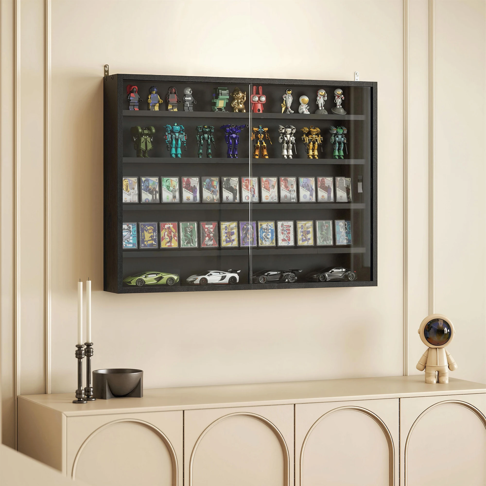 Homcom 5-Tier Display Cabinet, Glass Door Cabinet with Adjustable Shelves, Wall-Mounted Display Case for Playroom, Bedroom, Jet Black view 2