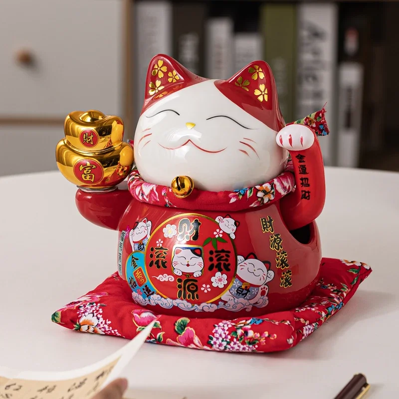 8.35 Inch Ceramic Maneki Neko Ornament Beckoning Cat Red Lucky Cat Waving Hand Fortune Cat Decoration Shop Statue Desktop Figure