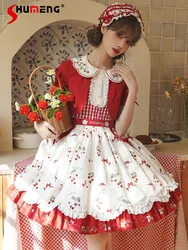 Japanese Sweet Cute Lolita Op Dress Printed Ruffles Bow Doll Collar Puff Sleeve High Waist Lace-up Slim Red Short Dress Women