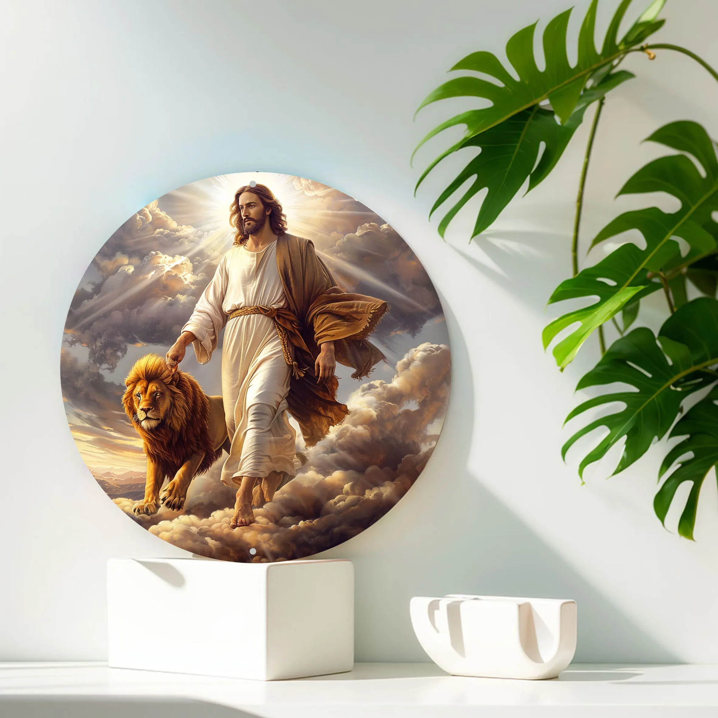 أطباق زخرفية معدنية مستديرة من الألومنيوم ، ملاك مع موضوع Jesus ، سطح مكتب فني ، منزل ، مكتب ، كنيسة ، مقهى ، نادي ، ساحة ، ديكور حائط #6