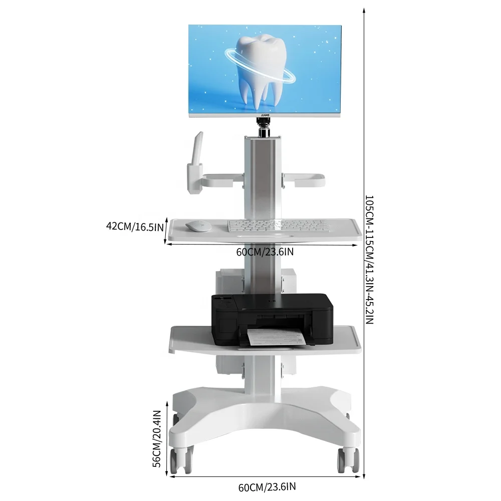 New Design  ABS Plastic Aluminum Hospital Furniture Medical Cart With Oral Scanner Computer Laptop and 2 Tray