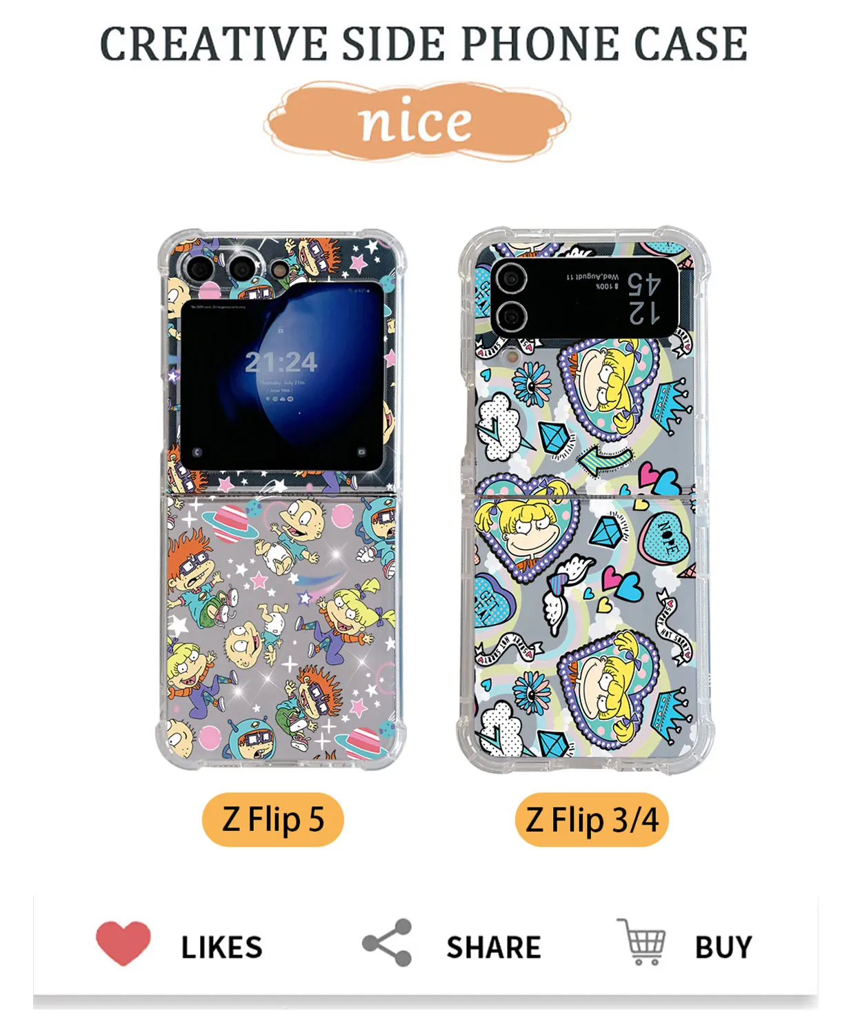 Cute Cartoon Phone Case for Samsung Galaxy Z Flip 3 4 Z Flip 5 Z Fold 4 5G PC R-Rugrats Soft Anti-fall Back Cover