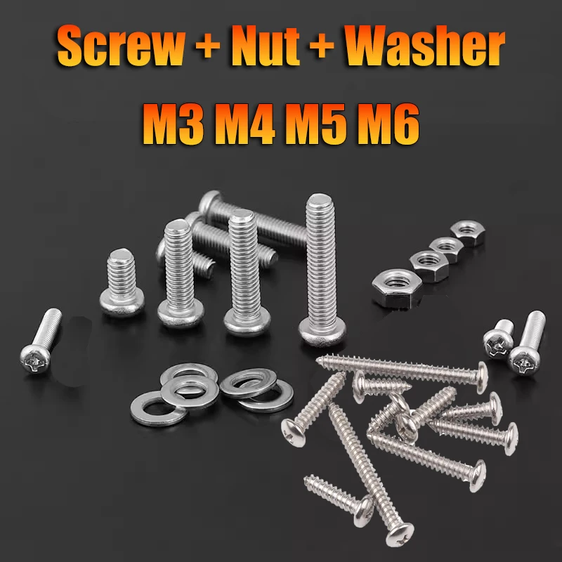 

Набор саморезов с круглой головкой Phillips (крестообразный шлиц) M3, M4, M5, M6 с гайками и шайбами, 2 коробки, смешанные размеры, для обслуживания