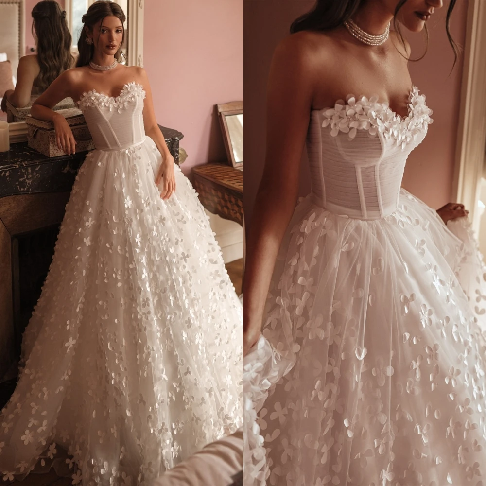 

Customized Elegant White Organza Evening Dress Classic Strapless Sleeveless Prom Dress Delicate A-Line Appliques Wedding Dresses
