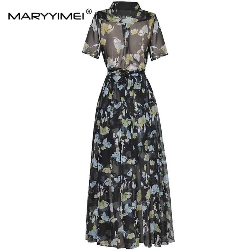 MARYYIMEI Fashion Design Spring Summer Women's Suit Turn-Down Collar  Single Breasted Lace-UP Tops+Print Half Skirt 2 Piece Set