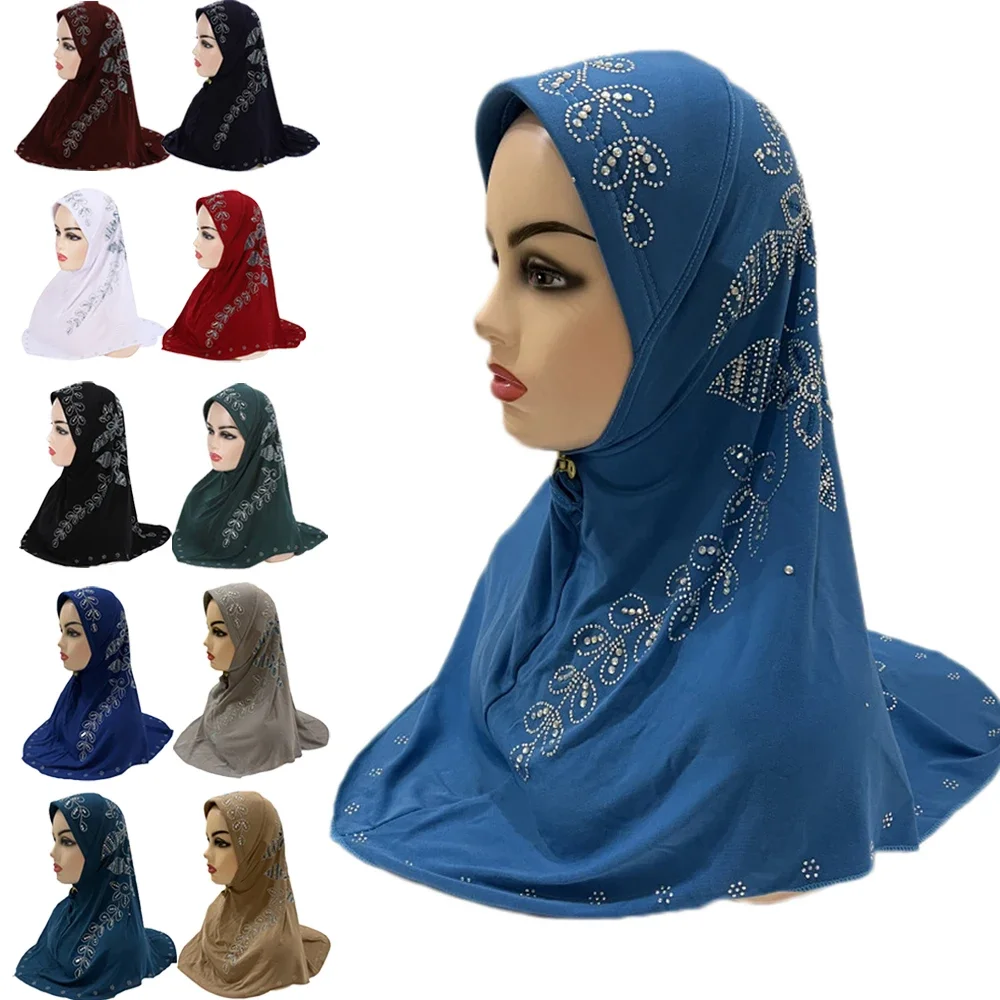 High Quality Muslim Amira Hijab with Rhinestones Pull On Islamic Scarf Head Wrap Pray Scarves Solid Color Ramadan Hijab Gift