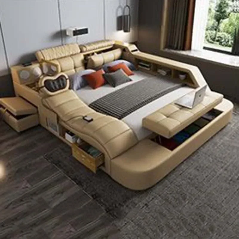 Nordic Modern Bed Storage Leather Projector Comferter Massage Bed Tatami Wood Lit De Luxe Multifonctions Bedroom Accessories