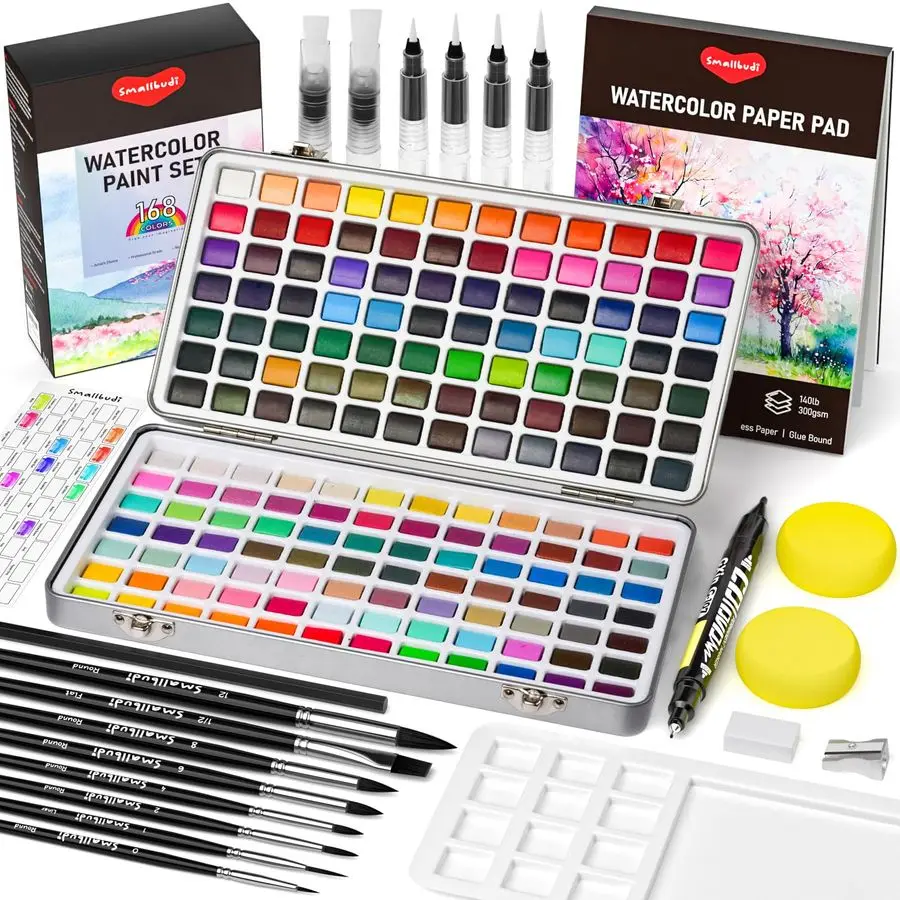 

Paint Set 168 Colors Including Metallic, Watercolor Kit with Case, Watercolor Paper, Paint Brushes, Palette and Accessories, Wat