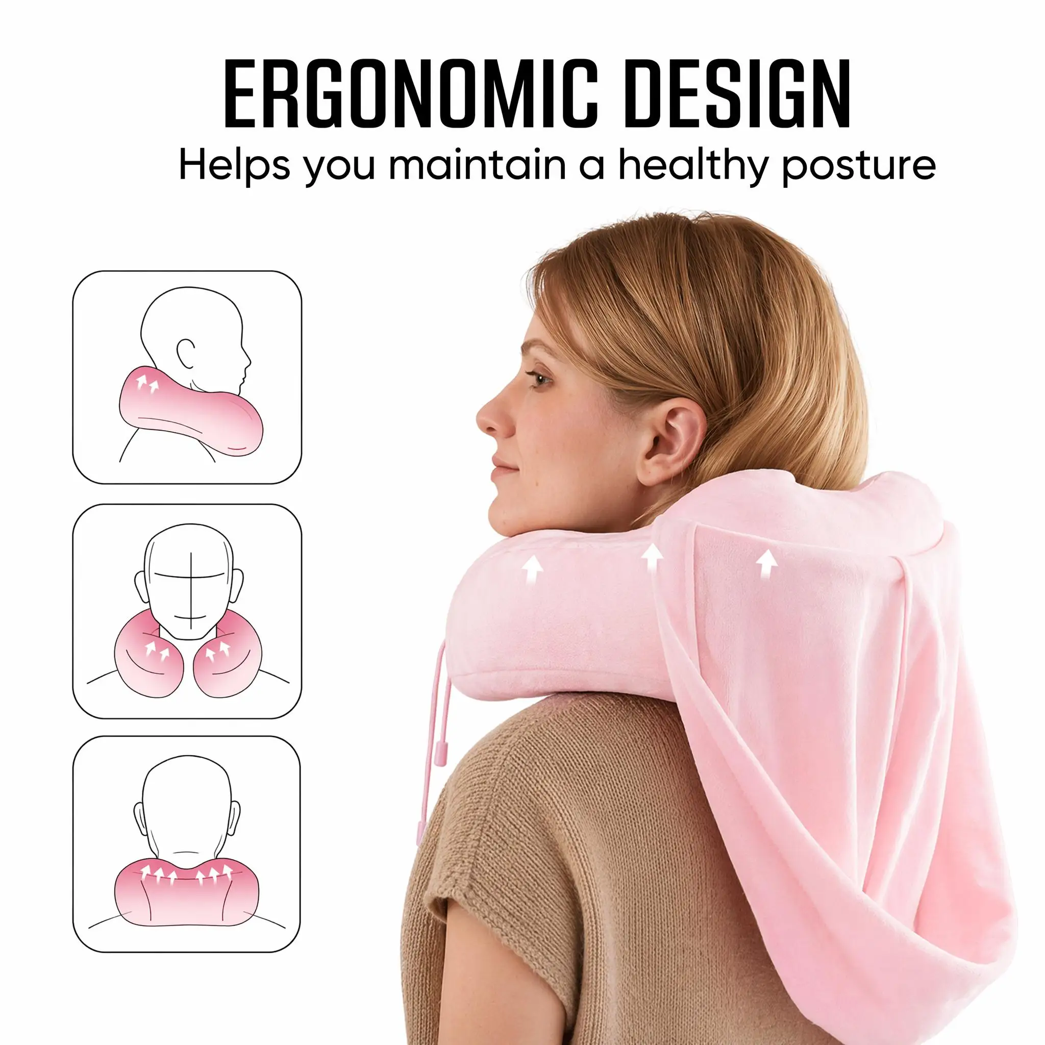 Memory Foam Travel Neck Pillow with Light Blocking Hood U Shape Neck Support Sleeping Pillow Adjustable Washable Portable Travel Accessories for Airplane Flight Car Office Rest Men Women