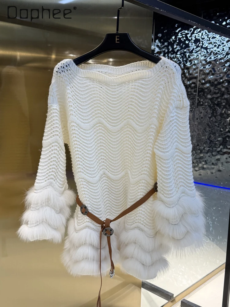 เสื้อไหมพรมแขนยาวปี 2025 แบบเปิดไหล่ แต่งขนฟ็อกซ์แท้ ตัดต่อผ้า ทรงเข้ารูป เซ็กซี่ ทันสมัย โอเวอร์ไซส์ สำหรับผู้หญิง